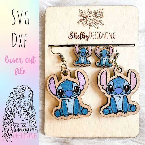 Fichier Svg Dxf, boucles d'oreilles extraterrestres dessin animé mignon, fichier Svg, boucles d'oreilles dessin animé Glowforge, boucles d'oreilles découpées au laser, dessin animé mignon extraterrestre bleu point