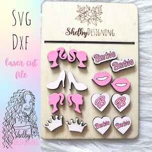 Paquete de pendientes rosas divertidos para niñas, archivo SVG DXF cortado con láser / Pendientes Glowforge Svg / Pendientes de muñeca inspirados en los 90 Svg / Pendientes Svg