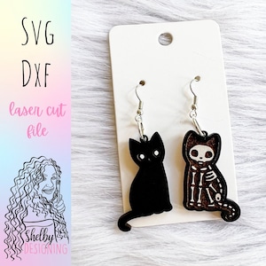 Skeleton Cat Dangle Earrings Glowforge SVG File, Halloween Cat Earrings SVG File, Halloween Cute Cat Earrings Laser Cut SVG File, Glowforge