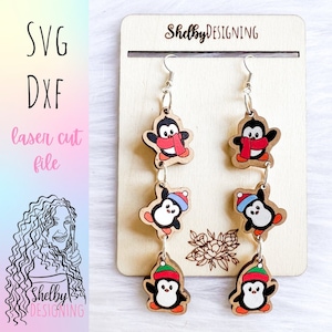 Pendientes SVG colgantes de pingüino, archivos de pendientes de Navidad SVG Glowforge, lindos pendientes de Navidad de pingüino archivos svg, pendientes de corte láser de pingüino