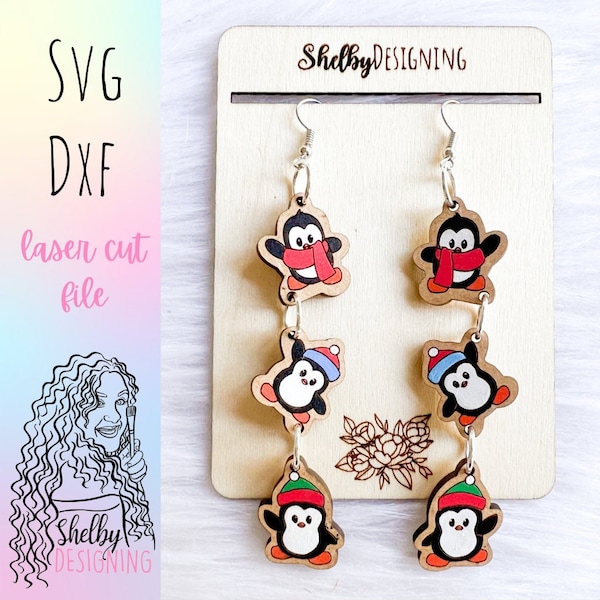 Penguin Dangle SVG Earrings, Glowforge SVG Christmas Earring Files, Cute Penguin Christmas Earrings Svg Files, Penguin Laser Cut Earrings