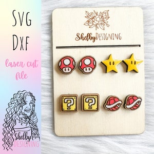 Orecchini a bottone con graziosi videogiochi Glowforge in formato SVG, orecchini a bottone da giocatore in formato SVG, orecchini a bottone tagliati al laser Glowforge in formato SVG, orecchini da nerd in formato SVG