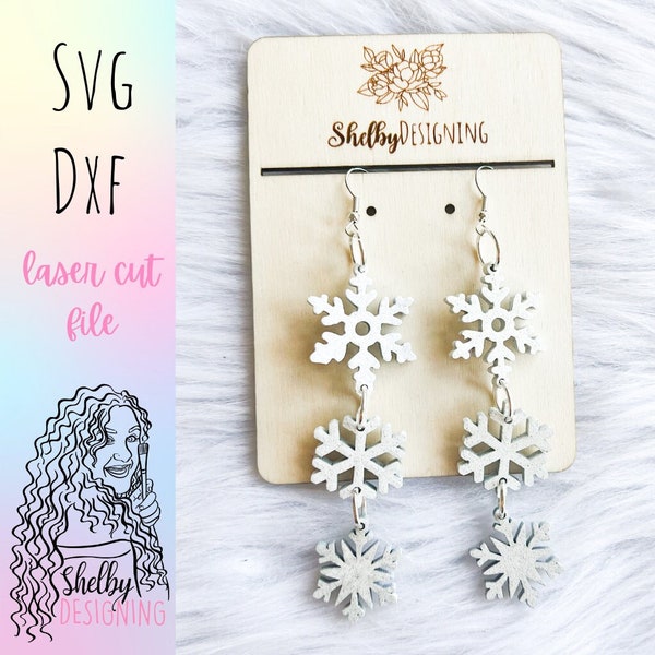 Snowflake 3 Piece Dangle SVG Earrings, Glowforge SVG Christmas Earring Files, Cute Snowflake Winter Earrings Svg Files, Laser Cut Earrings