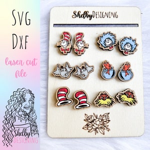 Cute Cat W Hat & Friends Stud Earring Bundle SVG File, Book Studs Svg File, Laser Cut Svg Stud Earring File, School Stud Earring Bundle SVG