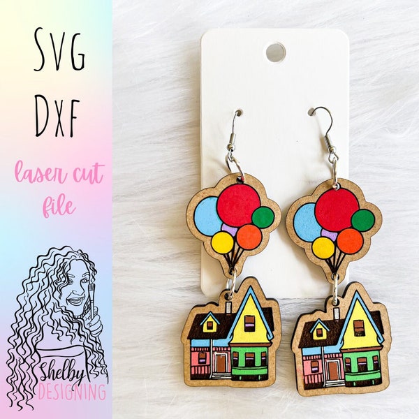 Up House & Balloons Dangle Earrings Glowforge File, Up House Balloons SVG File, Glowforge Laser Cut Earrings SVG Files, Up House Balloons