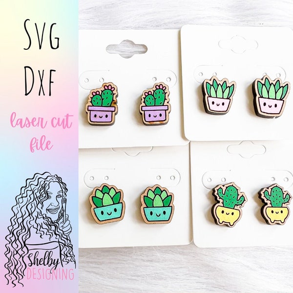 Kawaii Succulent Stud Set SVG Earrings, Cute Glowforge SVG Earring Files, Kawaii Plant Earrings SVG Files, Plant Earrings Svg Files