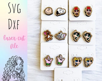 90s Cartoon Mix n Match Stud Earrings Bundle Glowforge Laser Cut SVG DXF File | Set of 7