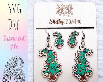 Cute Christmas Tree Stud/Dangle SVG Earrings, Glowforge Whimsical Christmas Tree Earring Files, Funky Christmas Tree Earrings SVG