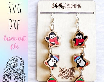 Penguin Dangle SVG Earrings, Glowforge SVG Christmas Earring Files, Cute Penguin Christmas Earrings Svg Files, Penguin Laser Cut Earrings
