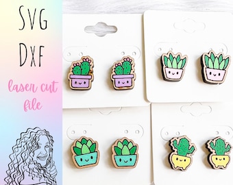 Kawaii Succulent Stud Set SVG Earrings, Cute Glowforge SVG Earring Files, Kawaii Plant Earrings SVG Files, Plant Earrings Svg Files