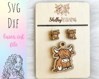 Adorable Highland Cow Stud/Dangle Earring  Glowforge Svg Files, Highland Cow Earrings SVG File, Glowforge Laser Cut SVG Dxf Cow Earrings