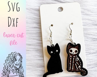 Skeleton Cat Dangle Earrings Glowforge SVG File, Halloween Cat Earrings SVG File, Halloween Cute Cat Earrings Laser Cut SVG File, Glowforge