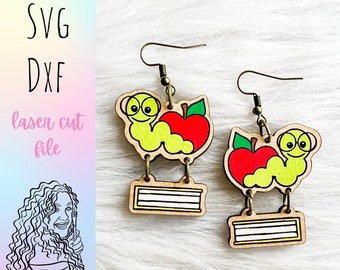 Bookworm 2 Piece Dangle Earrings Glowforge Laser Cut SVG DXF File