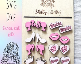 Cute Fun Pink Girls Stud Earrings Bundle SVG DXF Laser Cut File | Glowforge Stud Earrings Svg | 90s Inspired Doll Earrings Svg |Earrings Svg