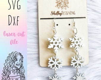 Pendientes SVG colgantes de 3 piezas de copo de nieve, archivos de pendientes de Navidad SVG Glowforge, lindos pendientes de invierno de copo de nieve archivos svg, pendientes cortados con láser