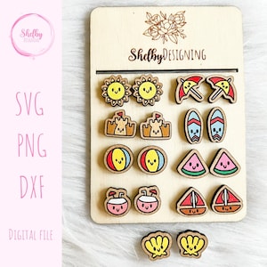 Kawaii Summer Beach Stud Pendientes Glowforge Svg Bundle, Beach Summer Stud Pendientes SVG, Glowforge Laser Cut Lindo Kawaii Stud Pendientes Bundle