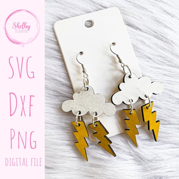 Cloud & Lightning Dangle Earrings Svg File, Laser Cut Glowforge Svg File, Weather Dangle Earrings Svg, Cute Cloud Earrings Svg, Storm Svg