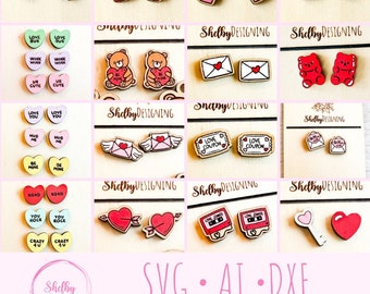 May include: A digital download of 12 Valentine's Day themed SVG files for crafting. The designs include hearts, cupcakes, bears, envelopes, love coupons, and more. The designs are perfect for creating earrings, keychains, or other crafts.
