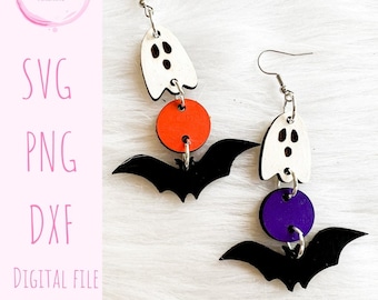 Halloween Ghost & Bat Dangle Earrings Glowforge SVG File, Cute Halloween Earrings SVG File, Ghost Bat Halloween Laser Cut Svg Files