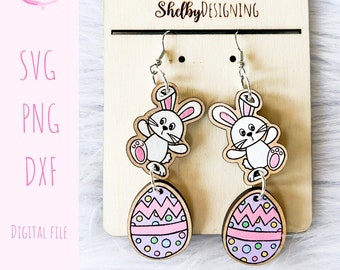 Svg Cute Easter Bunny & Egg Dangle Earrings File, Glowforge SVG Earrings, Easter Bunny Egg Dangle Earrings SVG, Laser Cut SVG Dxf Earrings