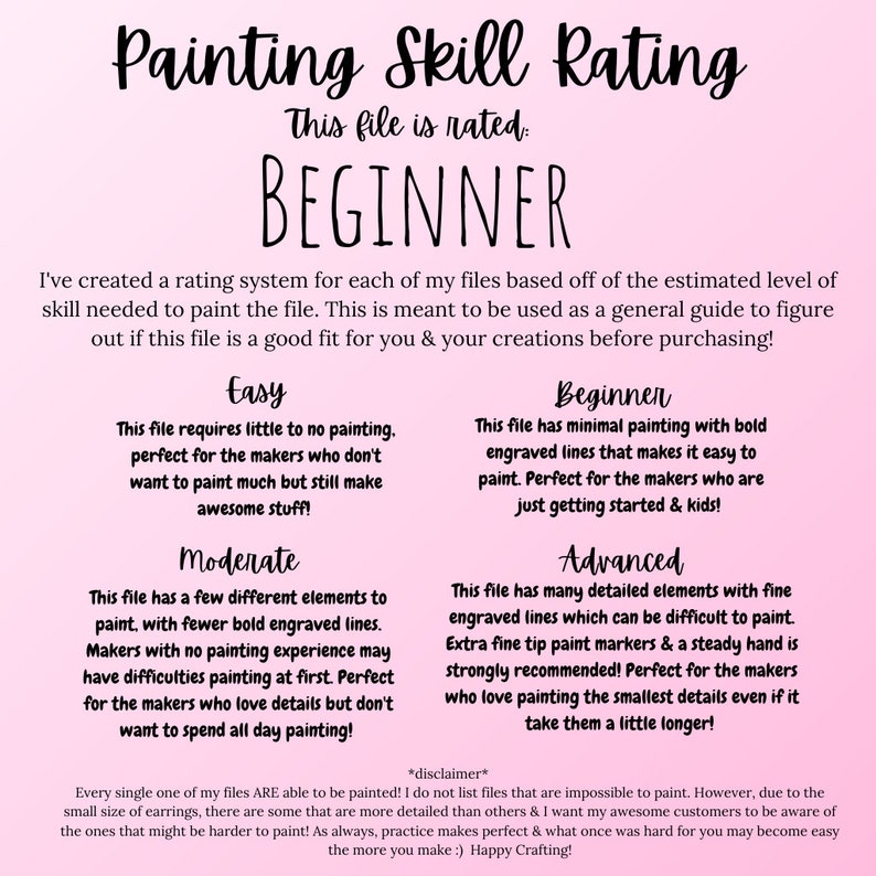 May include: A pink and white graphic with the text "Painting Skill Rating" and "This file is rated: BEGINNER". The graphic describes a rating system for digital painting files, with four skill levels: Easy, Moderate, Beginner, and Advanced. Each skill level is described with a short paragraph.