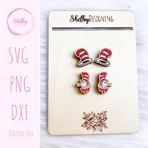 Joli chat avec un chapeau, des boucles d'oreilles ensemble fichier SVG, livre pour enfants goujons Svg, fichier de boucles d'oreilles Glowforge découpé au Laser Svg, boucles d'oreilles enseignant Svg