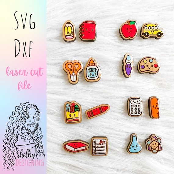 Kawaii School Supplies Perfect Match Stud Earrings Glowforge Svg Bundle, Glowforge Laser Cut Teacher Stud Earring SVG DXF File, School Svg