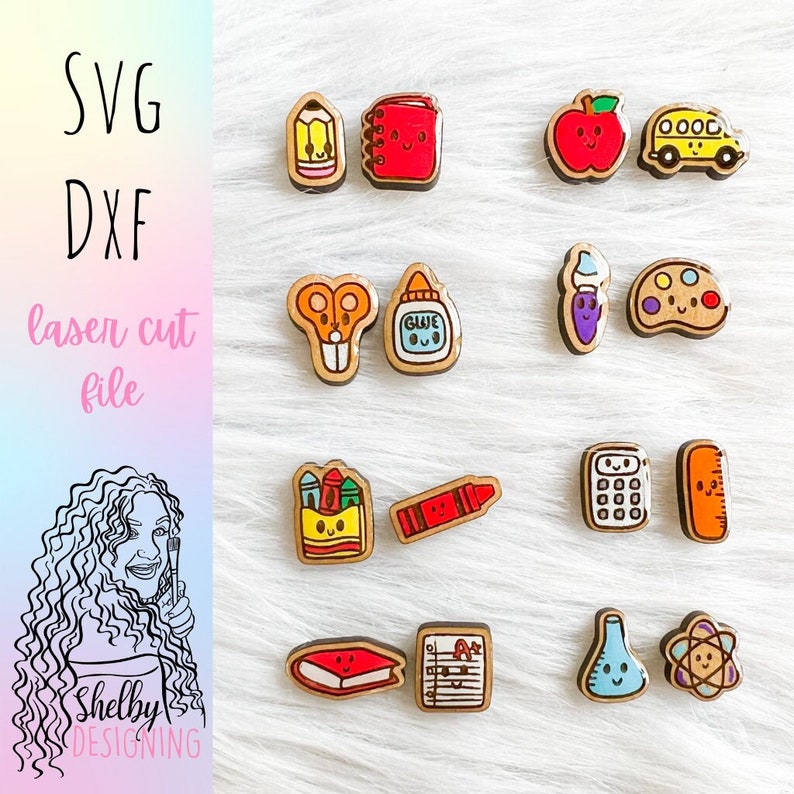 Kawaii skolmaterial perfekt matchande örhängen Glowforge Svg-paket, Glowforge laserskurna lärarörhängen SVG DXF-fil, skolsvg bild 1