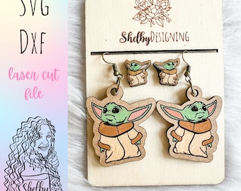 The Child w Father Stud/Dangle Earrings Combo Nerd Stud Earrings SVG, Glowforge Laser Cut Earrings Svg, Geeky Earrings Svg, Alien Earrings