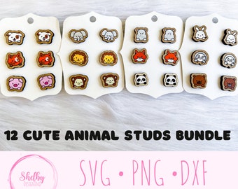 May include: Twelve wooden animal stud earrings in a variety of colours and designs. The earrings are arranged in three rows of four on a white background. The text "12 CUTE ANIMAL STUDS BUNDLE" is below the earrings. The text "SVG - PNG - DXF" is below the text "12 CUTE ANIMAL STUDS BUNDLE". The text "GLOWFORGE READY!" is below the text "SVG - PNG - DXF".