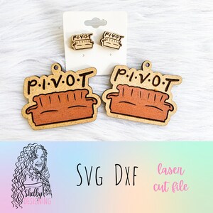 May include: Laser cut wooden earrings and a larger wooden pendant featuring a brown couch with the text "P.I.V.O.T." in white. The earrings and pendant are on a white background. SVG DXF laser cut file.