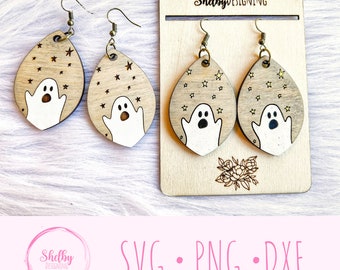 Cute Ghost & Stars Dangle Earrings Glowforge SVG File, Spooky Ghost Earring SVG File, Halloween Ghost Laser Cut Earring Files, Ghost Svgs