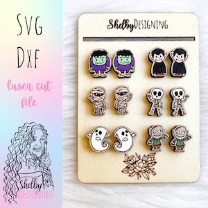 Cute Hello Halloween Stud Earrings Glowforge Svg Bundle, Halloween Cute Monsters Stud Earrings SVG File, Halloween Laser Cut Earring Svg
