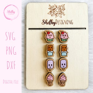 Kawaii Sweet Treats Pendientes SVG Bundle, Kawaii Sweet Food Postre SVG Earring File, Glowforge Dxf Svg Ice Cream Cone, Cupcake Stud Pendientes