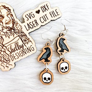 Raven & Skull 2 Piece Dangle Earrings Glowforge SVG File, Halloween Crow Skull Earrings SVG File, Glowforge Halloween Earrings Laser SVG