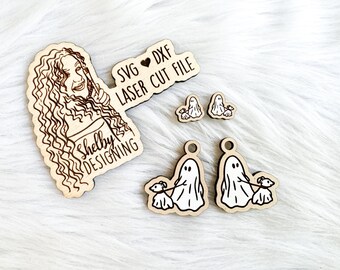 Ghost Walking Dog Stud/Dangle Combo Earring Glowforge SVG File, Halloween Ghost With Dog Earrings SVG File, Glowforge Halloween Earrings SVG