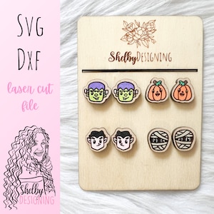 Spooky Monsters Head Stud Earrings Bundle SVG DXF Laser Cut File | Glowforge Halloween Earrings SVG File | Spooky Halloween Stud Earrings