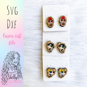Cartoon Power Girls Stud Earrings Glowforge Svg Set, Cartoon Girls Stud Earrings SVG File, Glowforge Laser Cut Cartoon Stud Earrings