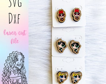 Cartoon Power Girls Stud Earrings Glowforge Svg Set, Cartoon Girls Stud Earrings SVG File, Glowforge Laser Cut Cartoon Stud Earrings