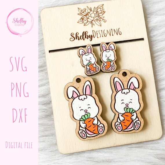 Svg Cute Easter Bunny w Carrot Stud/Dangle Earrings File, Glowforge SVG Earrings, Cute Easter Bunny Earrings SVG, Laser Cut SVG Dxf Earrings