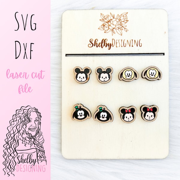 SVG DXF | Micky & Friends Cute Stud Earrings Bundle Digital File | Glowforge Laser Cut Earring Files | Cartoon Mouse Stud Earring Bundle