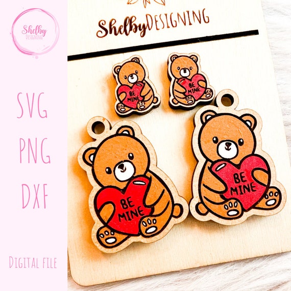 Valentines Day Earrings SVG File, Cute Be Mine Teddy Bear Stud/Dangle SVG File, Glowforge Valentines Day Earrings, Valentines Day Laser Svg