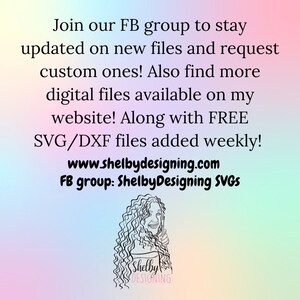 May include: Join the ShelbyDesigning SVGS Facebook group to stay updated on new files and request custom ones. Find more digital files available on the website, along with free SVG/DXF files added weekly. Visit www.shelbydesigning.com.