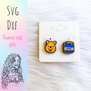 Schattige beer & honing oorknopjes Glowforge Svg, honingbeer oorknopjes SVG-bestand, Glowforge lasergesneden teddybeer honing oorbellen