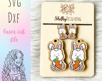 Svg Cute Easter Bunny w Carrot Stud/Dangle Earrings File, Glowforge SVG Earrings, Cute Easter Bunny Earrings SVG, Laser Cut SVG Dxf Earrings