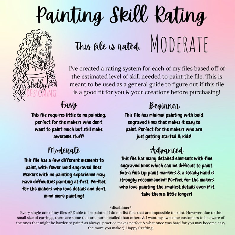 Puede incluir: Un gr&aacute;fico con un sistema de clasificaci&oacute;n para los niveles de habilidad en pintura. El gr&aacute;fico se titula "Painting Skill Rating" e incluye cinco niveles: F&aacute;cil, Moderado, Principiante, Avanzado y una cl&aacute;usula de exenci&oacute;n de responsabilidad. El gr&aacute;fico est&aacute; ilustrado con una mujer de dibujos animados con el pelo rizado y un pincel.
