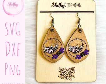 Moon & Crystals Dangle Earrings Svg File, Crystal Moon Earrings Svg, Glowforge Earrings Svg, Moon Minimalistic Earrings Svg File