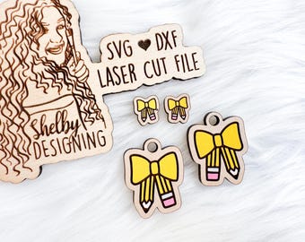 Pencil Bow Ver 2 Stud/Dangle Earring Combo SVG DXF Laser Cut File for Lasers | Glowforge School Earring Svg File | Pencil Bow Earring Svg