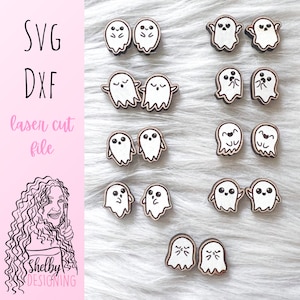 Cute Kawaii Ghost Stud Earrings Bundle SVG DXF Laser Cut File | Glowforge Kawaii Halloween Earrings SVG File | Ghost Halloween Stud Earrings