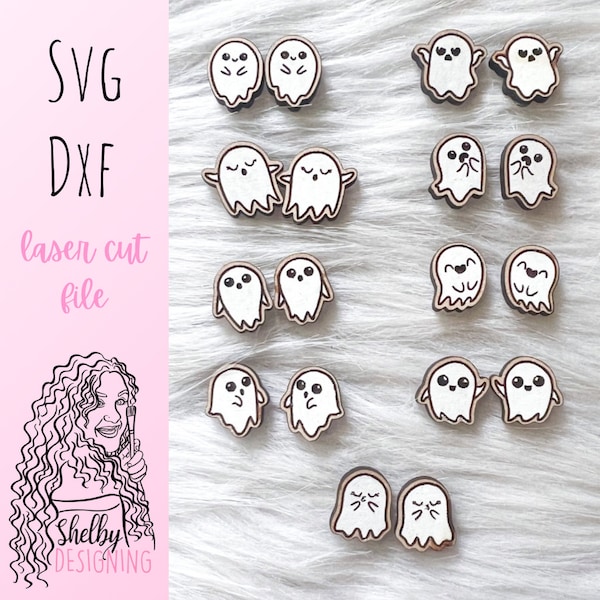Cute Kawaii Ghost Stud Earrings Bundle SVG DXF Laser Cut File | Glowforge Kawaii Halloween Earrings SVG File | Ghost Halloween Stud Earrings